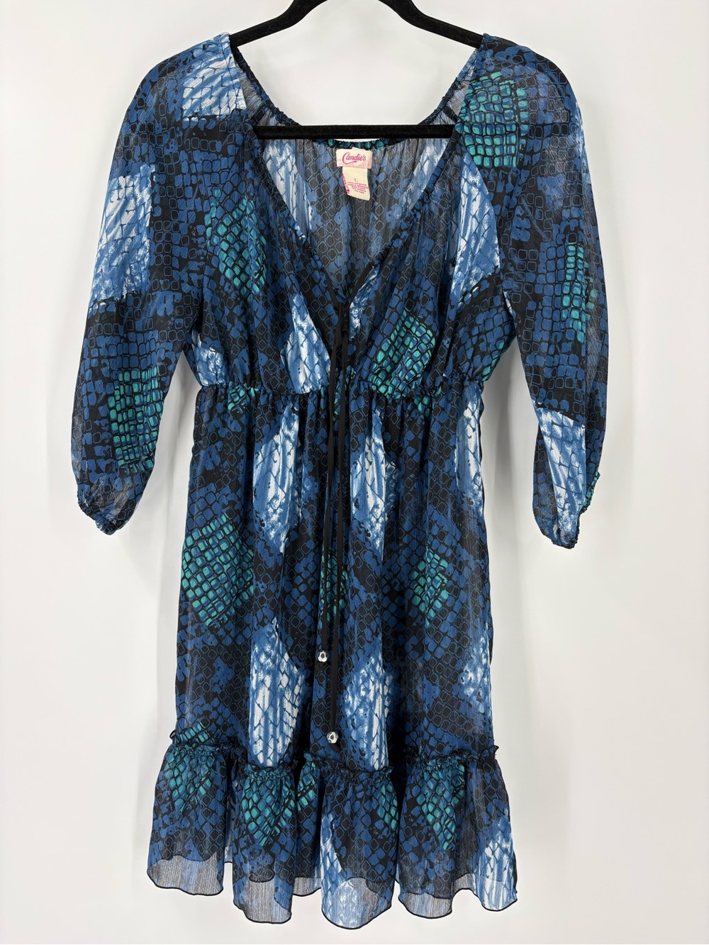 VTG Candie's Y2K Sheer Blue Dark Fairy 70’s Ruffle Romantic Dress Size Large